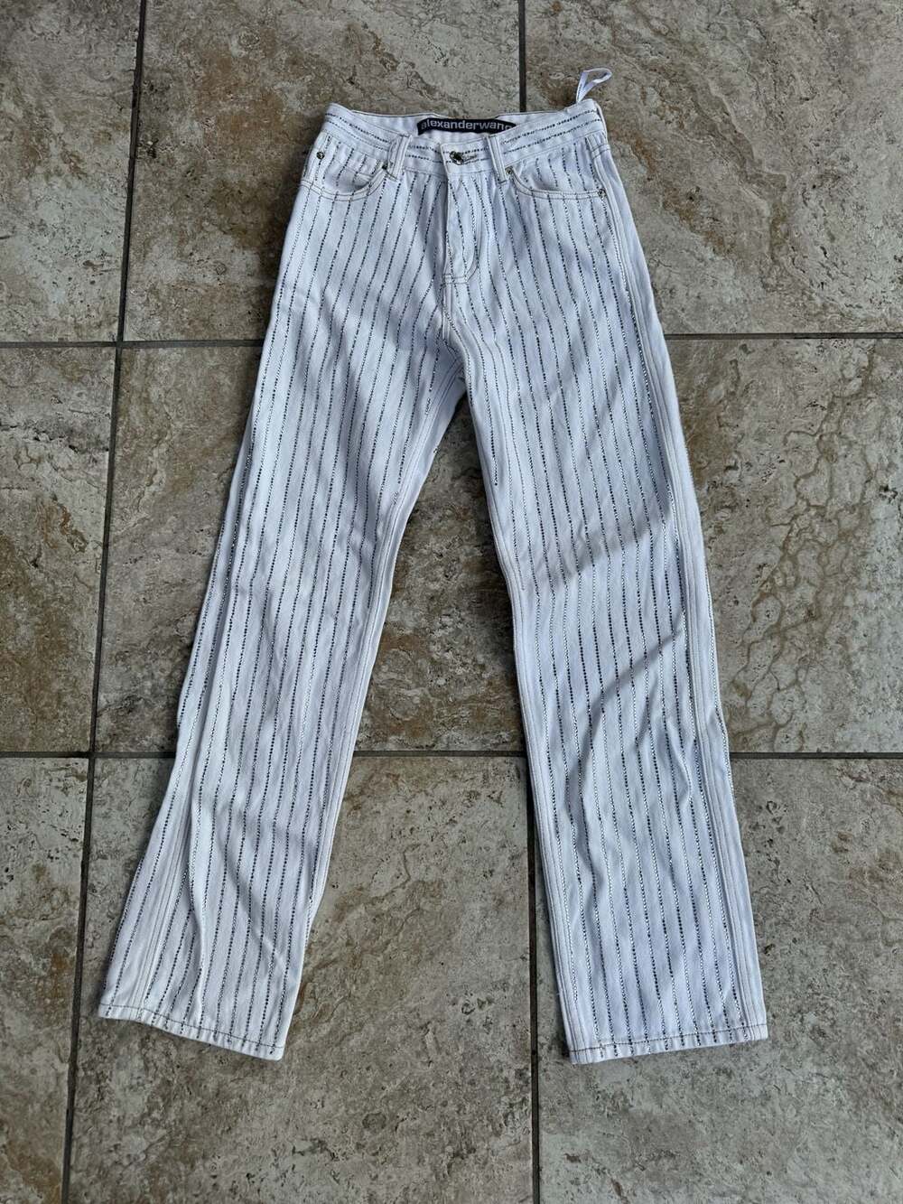 Alexander Wang White Rhinestone Striped Jeans